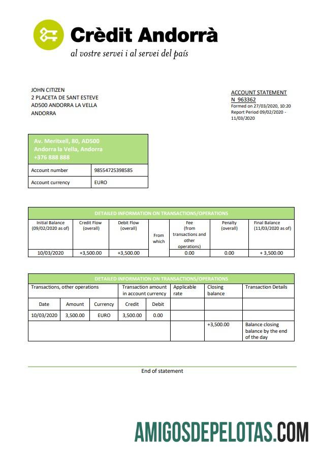 Andorra Credit Andorra modelo de extrato bancário